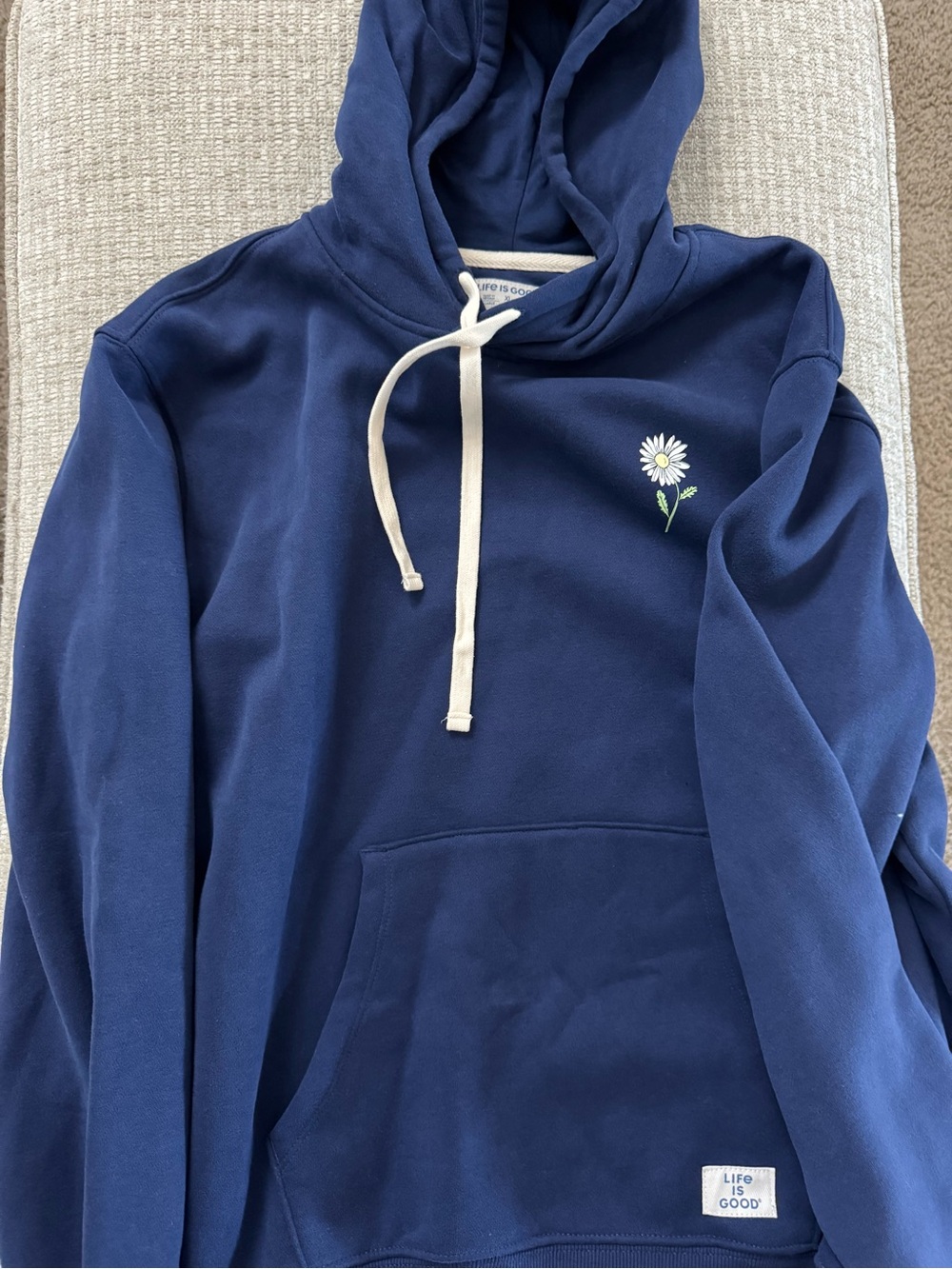 Life Is Good Navy Hoodie with Daisy Patch and Cream Drawstrings, Size XL, NWOT